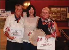  ?? Photo: Supplied ?? The Belmont Ladies Golf Open winners are Fiona Richard, left and Des Bailey, right, collecting their prizes from Cathy Stapleton from GBS Mutual Bank.