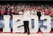  ?? Thearon W. Henderson/Getty Images ?? Stanford head coach Tara VanDerveer talks to the fans after Stanford defeated the Oregon State 65-56 Sunday in Palo Alto, Calif. VanDerveer recorded her 1,203 NCAA career victory passing Mike Krzyzewski.