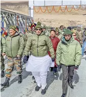  ??  ?? Defence Minister Rajnath Singh after inaugurati­ng ‘Col Chewang Rinchen’ bridge connecting Durbuk and Daulat Beg Oldie, in Eastern Ladakh, on Monday