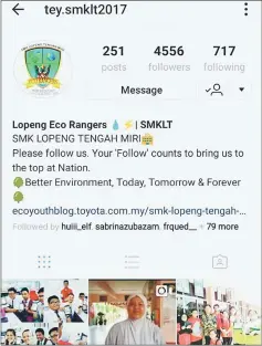  ??  ?? Screenshot shows SMK Lopeng Tengah’s Instagram page for the Toyota Eco Youth 2017 Challenge.