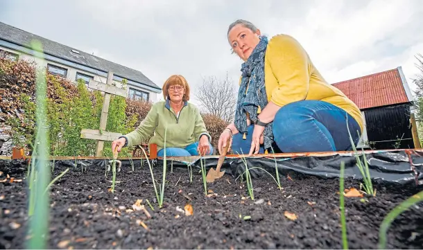  ??  ?? ESSENTIAL SUPPORT: Susan Mitchell and Annie Mccormack working in the community garden behind the building and, below, in the foodbank.