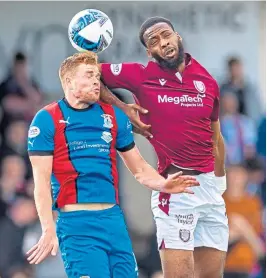  ?? ?? ICT’s Scott Allardice is outjumped by Arbroath’s Daniel Fosu