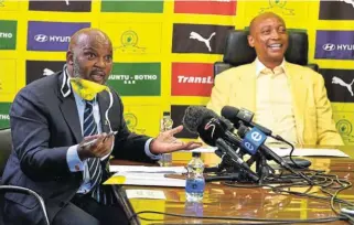  ?? Lefty Shivambu/Gallo Images ?? Parting ways: Pitso Mosimane and Patrice Motsepe face the media earlier this year. Motsepe has backed the coach’s decision and wished him well.
/