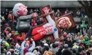  ??  ?? An effigy of Jarosław Kaczyński, leader of Poland’s ruling Law and Justice (PiS) party, overpoweri­ng ‘the liberal Poland’, at a parade in Düsseldorf, Germany in March this year. Photograph: Lukas Schulze/Getty Images