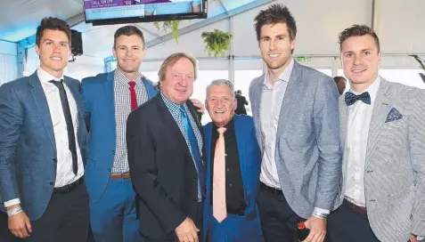  ?? Picture: GLENN FERGUSON Pictures: MIKE DUGDALE ?? FOOTY LINE UP: Current and past Cats players Andrew Mackey, Cam Mooney, Tom Lonergan and Mitch Duncan enjoy a Cup marquee yesterday with ex-Essendon coach Kevin Sheedy and former champion jockey Greg Hall (center). Below: Renee Enright before she...