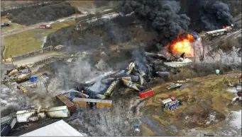  ?? GENE J. PUSKAR — THE ASSOCIATED PRESS ?? This photo taken with a drone shows portions of a Norfolk and Southern freight train that derailed Friday night, Feb. 3, in East Palestine, Ohio.