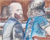  ?? ELIZABETH WILLIAMS/2020 ?? In this courtroom sketch, former CIA software engineer Joshua Schulte, left, is seated at the defense table during jury deliberati­ons in New York.