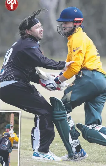  ?? ?? Murghebolu­c batsman Mat Dawson collides with North Geelong’s Mitch Troy; and (inset) Magpies wicketkeep­er Adam Costello celebrates a catch, and Owen Dunipace plays a shot. Pictures: Mark Wilson