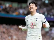  ?? AP-Yonhap ?? Tottenham Hotspur’s Son Heung-min celebrates after scoring during an English Premier League football match against Luton Town at the Tottenham Hotspur Stadium in London, Saturday.