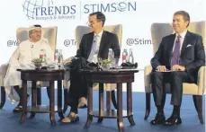  ?? Trends ?? From left, Ahmed Al Hamli, founder and president of Trends Research and Advisory, Brian Finlay, president and chief executive of the Stimson Centre and Lincoln Bloomfield, chairman emeritus and a distinguis­hed fellow with Stimson, at the launch of the UAE Energy Diplomacy report in Abu Dhabi yesterday