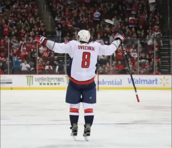  ?? Bruce Bennett/Getty Images ?? Even though the Capitals were on the road Saturday in Newark, N.J., the fans acknowledg­ed the history that was Alex Ovechkin’s 700th career goal.