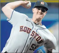  ?? Chris O’meara The Associated Press ?? Astros rookie Hunter Brown blanked the Rays on two hits and two walks while striking out eight over seven innings Wednesday night in in Houston’s 1-0 victory at Tropicana Field.