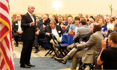  ?? STAFF FILE PHOTO BY TIM BARBER ?? Sen. Bob Corker speaks to the Rotary Club of Chattanoog­a in August at the Chattanoog­a Convention Center. When asked on Friday whether he would consider challengin­g President Donald Trump in 2020, he said it was too early to say.