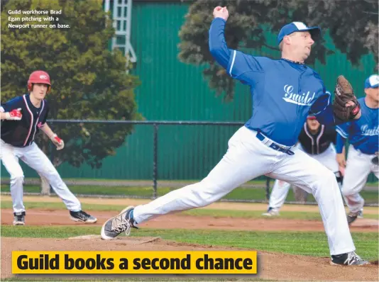  ??  ?? Guild workhorse Brad Egan pitching with a Newport runner on base.