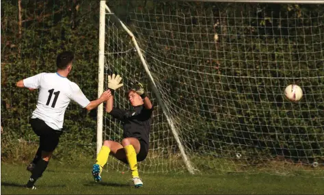  ??  ?? Oisín Condren of Courtown Hibs hits the back of the net against Carne FC in their Division 4 match.