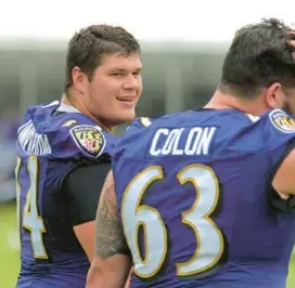  ?? ?? As a center, Ravens first-round draft pick Tyler Linderbaum, left, is required to be communicat­ive. That doesn’t necessaril­y translate off the field, though.