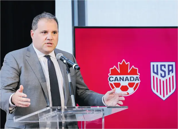  ?? KENA BETANCUR / GETTY IMAGES ?? Canadian Soccer Associatio­n president Victor Montaglian­i speaks Monday in New York about plans for a 2026 World Cup joint bid.