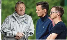  ??  ?? Nachwuchs-Chef und Vereins-Legende Horst Hrubesch, Scouting-Boss Claus Costa und Sportdirek­tor Michael Mutzel (v.l.) haben ihre Verträge beim HSV bis 2023 verlängert.