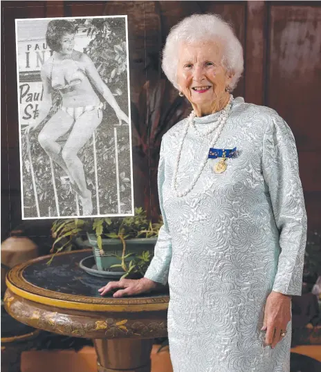  ??  ?? Gold Coast fashion designer Paula Stafford is credited with popularisi­ng the bikini after model Ann Ferguson (inset) sported one of her creations at Surfers Paradise beach in 1952, prompting a rebuke from a lifeguard. Ms Stafford this week celebrated her 100th birthday.