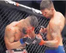  ?? ISAAC BREKKEN/ASSOCIATED PRESS FILE ?? Tim Means, right, punches Sabah Homasi during their bout at UFC 202 last year. Means faces Alex Garcia on Sunday.