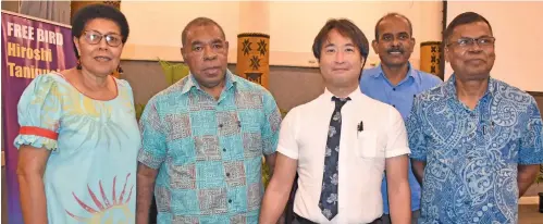  ?? Mereleki Nai ?? From left: Mereseini Baleilevuk­a, Aisake Naulu Baleilevuk­a, Hiroshi Taniguchi, Sunil Kumar and Professor Biman Prasad at the Tanoa Internatio­nal Hotel in Nadi. Photo: