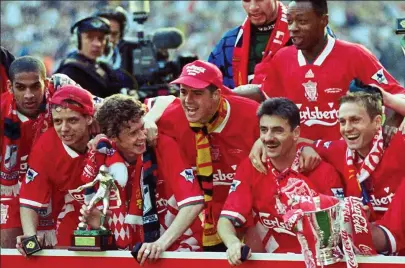  ??  ?? Party time: Liverpool after winning the 1995 League Cup with (from left) Phil Babb, Rob Jones, Steve McManaman, Jamie Redknapp, David James, Ian Rush, Mark Walters and John Scales