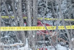  ?? CP PHOTO ?? A crashed Hydro One helicopter can be seen through trees near Tweed, Ont. Four Hydro One employees were killed Thursday in a helicopter crash, police and the utility reported.