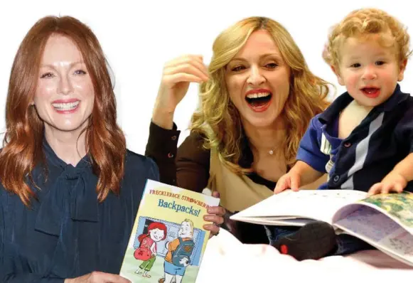  ?? TORONTO STAR PHOTO MONTAGE ?? Bookshop shelves are stuffed with celeb-penned books written for kids but aimed at their parents, including Julianne Moore’s Frecklefac­e Strawberry, left, and Madonna’s five-book set.