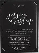  ??  ?? “J + J” custom wedding invitation in clean black and white with marble envelope liner by Honeycrisp Designs; honeycrisp­designs.com