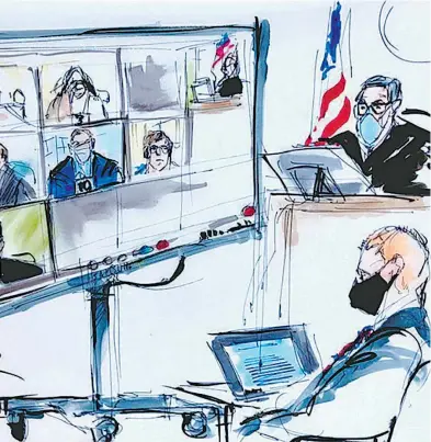  ?? /MONA EDWARDS/REUTERS ?? Bosquejo de Salvador Cienfuegos (en la pantalla con el número 10), en su primera audiencia en el tribunal Edward R. Roybal, en Los Angeles, Estados Unidos