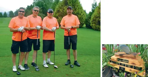  ??  ?? Group photo, from left: “Terry the Hipster,”
“Big Lyle,” “Billygreen­pants” and “Choo-choo” Purdue, who made up Team Turkeydink Pink, won the Vipers golf tournament trophy (above) in 2014 and 2015.