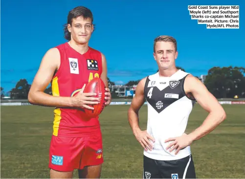  ?? ?? Gold Coast Suns player NED Moyle (left) and Southport Sharks co-captain Michael Manteit. Picture: Chris HYDE/AFL Photos