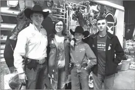  ?? Angie Kunkee ?? Pictured above left to right is Dalton Kunkee with Laura Nokes and her two sons Parker and Trevor. They are the family of Garrett Nokes who was the former coach of the Mid-Plains Community College Rodeo Team. He passed away in Febuary due to a horse accident.