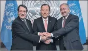  ?? AP/ISAAC BILLY ?? Secretary-General Ban Ki-moon (center) grasps hands Sunday with Greek Cypriot President Nicos Anastasiad­es (left) and Turkish Cypriot President Mustafa Akinci during a meeting at U.N. headquarte­rs.