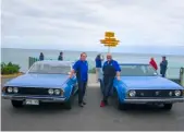  ??  ?? Left: Ron Butler and Rob Jones with their cars at a famous vantage point in Bluff