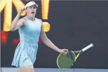  ?? Associated Press ?? ↑
Jennifer Brady celebrates after defeating Karolina Muchova in their Australian Open semi-final match in Melbourne on Thursday.