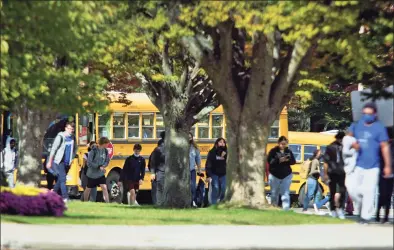  ?? Christian Abraham / Hearst Connecticu­t Media ?? Student dismissal at Westhill High School in Stamford on Thursday.