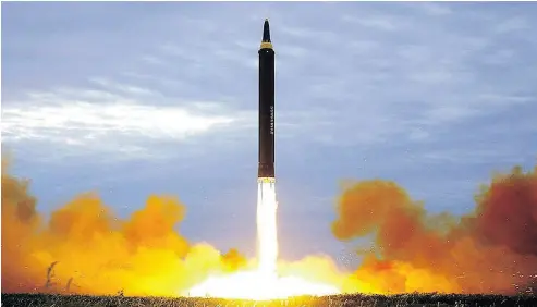  ?? KOREAN CENTRAL NEWS AGENCY / THE ASSOCIATED PRESS FILES ?? The North Korean government shows what was said to be the test launch of a Hwasong-12 intermedia­te range missile last August. From 1985 to 2005, four nuclear agreements with North Korea failed, Scott Van Wynsberghe writes.