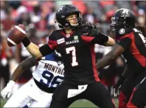  ?? The Canadian Press ?? Ottawa Redblacks quarterbac­k Trevor Harris passes against the Montreal Alouettes on May 31.