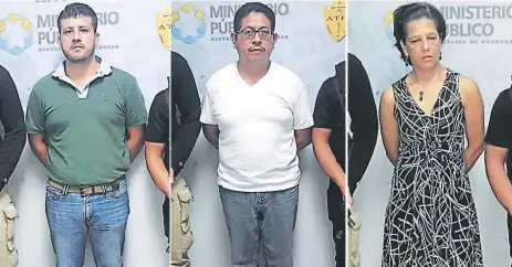  ??  ?? DETENIDOS. Los exempleado­s municipale­s son Erick Ulises Rojas González, Jorge Alberto Portillo y Gloria Yolani Cerros.