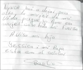  ??  ?? La precaria vivienda donde ocurrió el feminicidi­o y posterior suicidio, en el distrito de Maracaná.- La nota que dejó Basilio Vargas Bogado luego de acabar con su mujer y antes de enterrarse un puñal en el corazón.