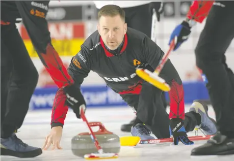  ?? MICHAEL BURNS/CURLING CANADA ?? Team Canada skip Brad Gushue is out to defend his title at the Montana's Brier this week in Regina — but the path certainly isn't an easy one, with the No. 1 ranked Brendan Bottcher rink and a half-dozen other teams boasting the skills needed to win.