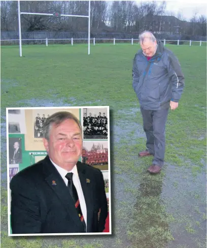  ?? Ian Moss ?? ● Sam Cook examines a waterlogge­d pitch and, inset, Sam pictured in the clubhouse