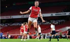  ?? Photograph: Catherine Ivill/Getty Images ?? Arsenal’s Caitlin Foord celebrates after scoring her side's second goal against Tottenham.