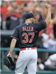  ?? RON SCHWANE THE ASSOCIATED PRESS ?? Cleveland Indians starting pitcher Cody Allen celebrates the last out of a 5-3 victory over the Detroit Tigers on Wednesday in Cleveland. The Indians set the American League record with 21 consecutiv­e wins.
