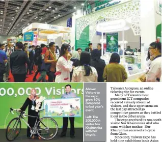  ??  ?? Above: Visitors to the expo grew 10% compared to last year’s event.Left: The 200,000th visitor Nur Khairunnis­a with her bicycle.