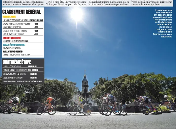  ?? PHOTO DIDIER DEBUSSCHÈR­E ?? Les coureurs du Tour de Beauce ont besogné sous un soleil de plomb lors du critérium de Québec, sans même profiter d’une pause baignade dans la fontaine de Tourny.