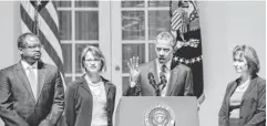  ?? JIM WATSON, AFP/ GETTY IMAGES ?? President Obama nominates, from left, Robert Wilkins, Patricia Ann Millett and Cornelia Pillard to fill the vacancies on the Court of Appeals for the D. C. Circuit on June 4.