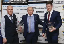  ??  ?? Andrew Mullen (Sligo Pallets) with the Overall Winners of the Sligo Pallets Border Rally Championsh­ip 2017 Mickey Conlon and Darragh Kelly. Photo: James Burke