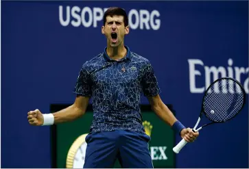  ?? AP PHOTO BY ADAM HUNGER ?? In this Sept. 9, 2018, file photo, Novak Djokovic, of Serbia, reacts after breaking the serve of Juan Martin del Potro, of Argentina, during the men’s final of the U.S. Open tennis tournament, in New York. Djokovic announced Thursday, Aug. 13, he will enter the Grand Slam tournament and the hardcourt tuneup preceding it in New York.